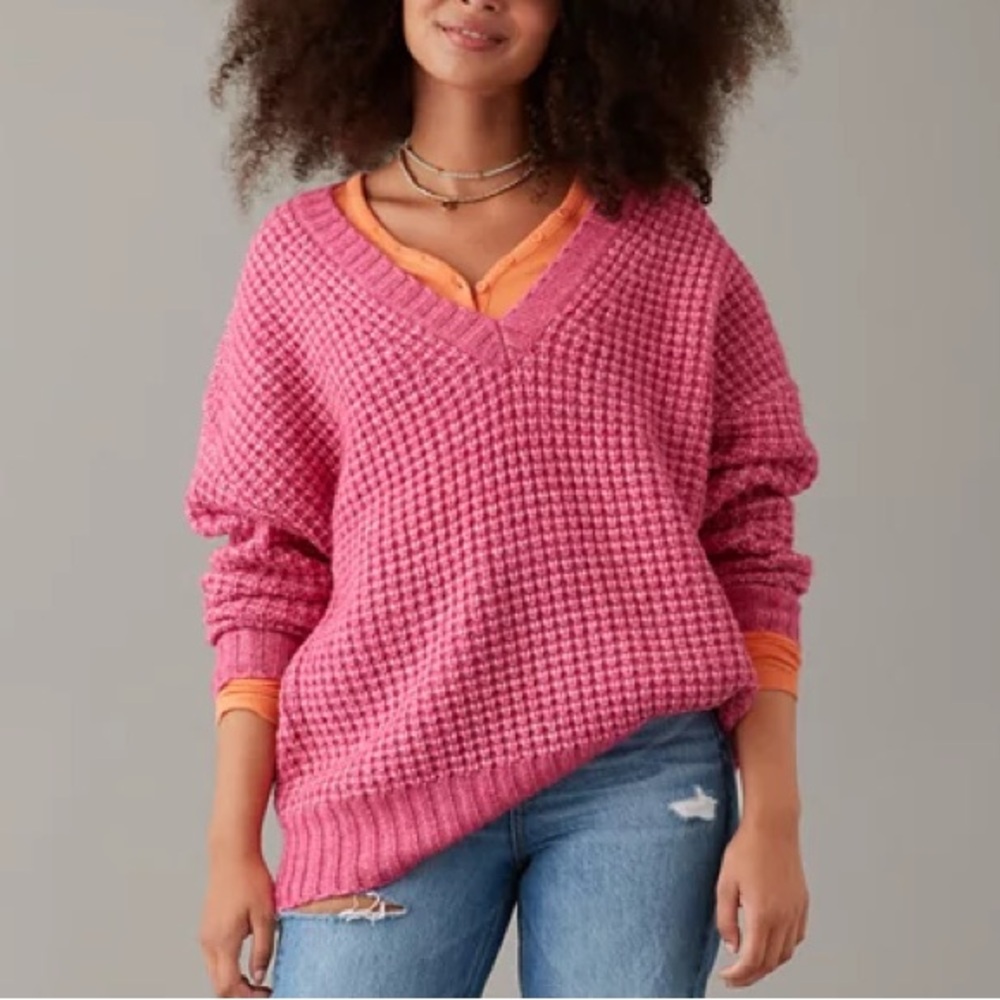 NWT AE Whoa So Cozy Waffle V-Neck Sweater Pink M